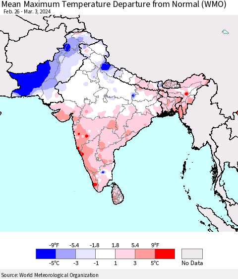 Southern Asia Mean Maximum Temperature Departure from Normal (WMO) Thematic Map For 2/26/2024 - 3/3/2024