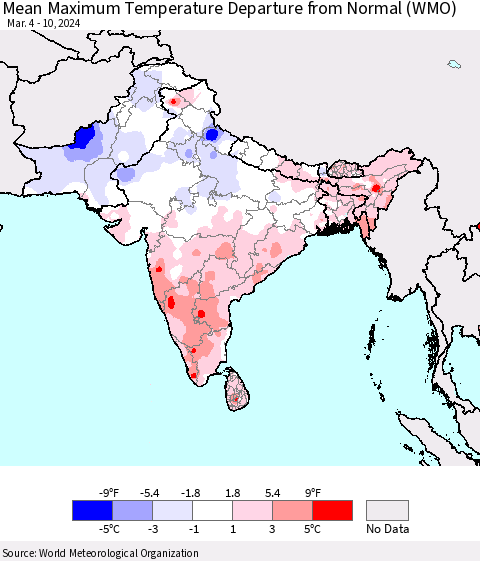 Southern Asia Mean Maximum Temperature Departure from Normal (WMO) Thematic Map For 3/4/2024 - 3/10/2024