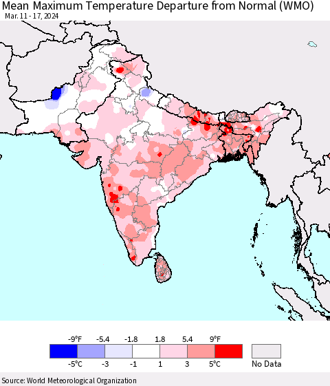 Southern Asia Mean Maximum Temperature Departure from Normal (WMO) Thematic Map For 3/11/2024 - 3/17/2024