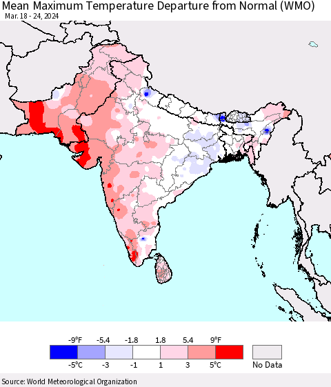 Southern Asia Mean Maximum Temperature Departure from Normal (WMO) Thematic Map For 3/18/2024 - 3/24/2024