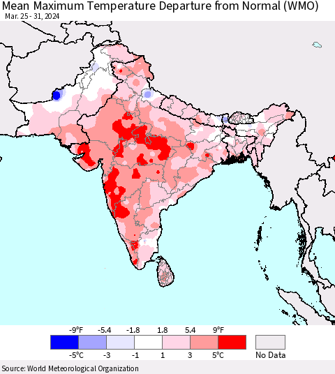 Southern Asia Mean Maximum Temperature Departure from Normal (WMO) Thematic Map For 3/25/2024 - 3/31/2024