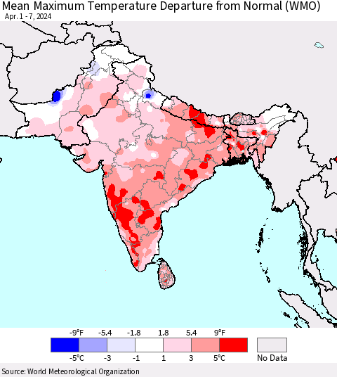 Southern Asia Mean Maximum Temperature Departure from Normal (WMO) Thematic Map For 4/1/2024 - 4/7/2024