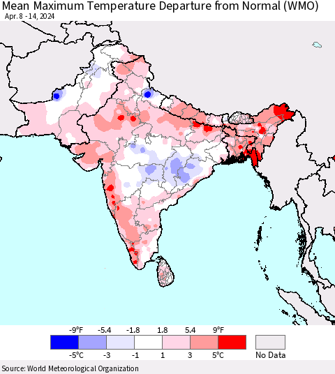 Southern Asia Mean Maximum Temperature Departure from Normal (WMO) Thematic Map For 4/8/2024 - 4/14/2024