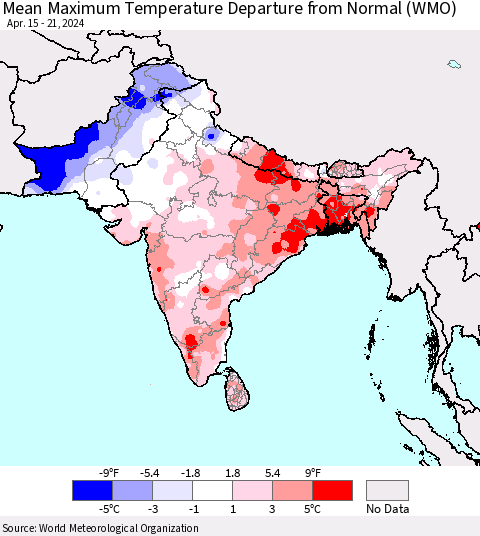 Southern Asia Mean Maximum Temperature Departure from Normal (WMO) Thematic Map For 4/15/2024 - 4/21/2024