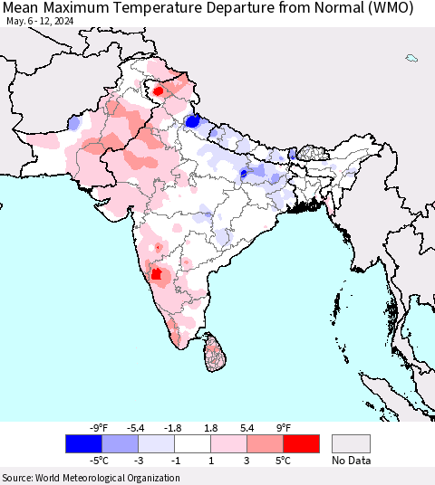 Southern Asia Mean Maximum Temperature Departure from Normal (WMO) Thematic Map For 5/6/2024 - 5/12/2024