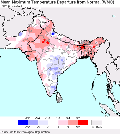 Southern Asia Mean Maximum Temperature Departure from Normal (WMO) Thematic Map For 5/13/2024 - 5/19/2024