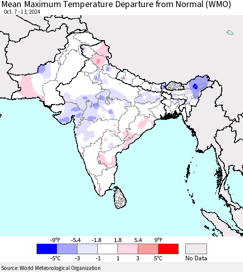 Southern Asia Mean Maximum Temperature Departure from Normal (WMO) Thematic Map For 10/7/2024 - 10/13/2024
