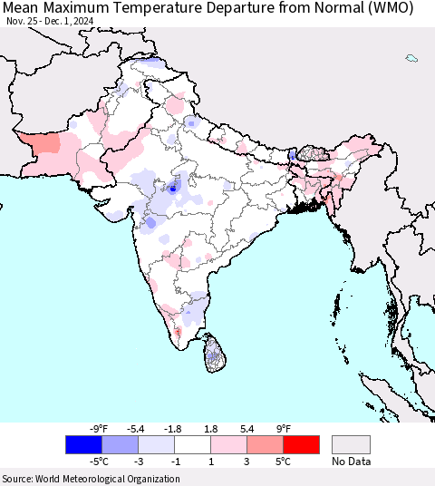 Southern Asia Mean Maximum Temperature Departure from Normal (WMO) Thematic Map For 11/25/2024 - 12/1/2024