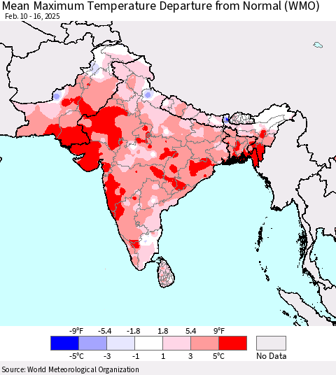 Southern Asia Mean Maximum Temperature Departure from Normal (WMO) Thematic Map For 2/10/2025 - 2/16/2025