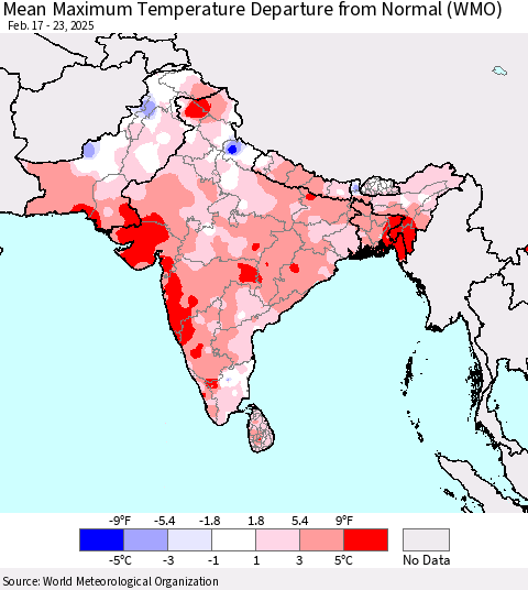 Southern Asia Mean Maximum Temperature Departure from Normal (WMO) Thematic Map For 2/17/2025 - 2/23/2025