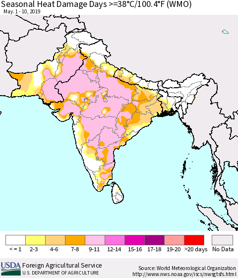 Southern Asia Seasonal Heat Damage Days >=38°C/100°F (WMO) Thematic Map For 5/1/2019 - 5/10/2019