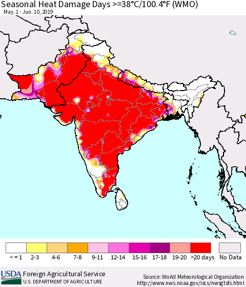 Southern Asia Seasonal Heat Damage Days >=38°C/100.4°F (WMO) Thematic Map For 5/1/2019 - 6/10/2019