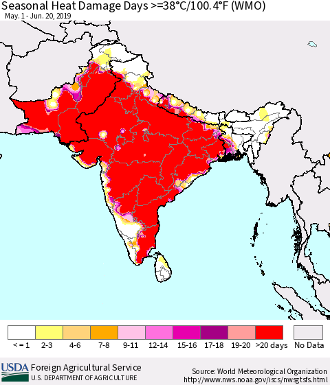 Southern Asia Seasonal Heat Damage Days >=38°C/100°F (WMO) Thematic Map For 5/1/2019 - 6/20/2019