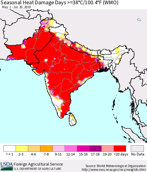 Southern Asia Seasonal Heat Damage Days >=38°C/100.4°F (WMO) Thematic Map For 5/1/2019 - 7/20/2019