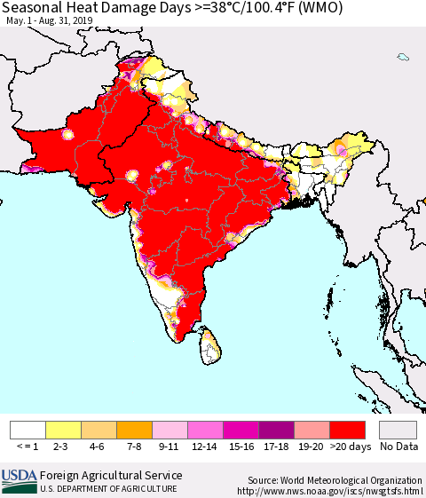 Southern Asia Seasonal Heat Damage Days >=38°C/100°F (WMO) Thematic Map For 5/1/2019 - 8/31/2019