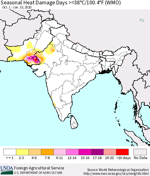 Southern Asia Seasonal Heat Damage Days >=38°C/100.4°F (WMO) Thematic Map For 10/1/2019 - 1/10/2020