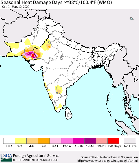 Southern Asia Seasonal Heat Damage Days >=38°C/100°F (WMO) Thematic Map For 10/1/2019 - 3/10/2020