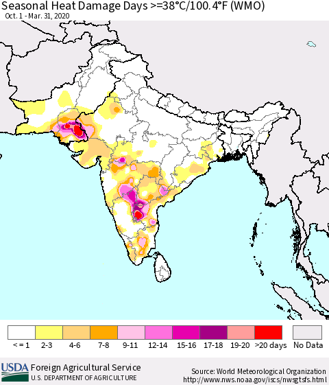 Southern Asia Seasonal Heat Damage Days >=38°C/100.4°F (WMO) Thematic Map For 10/1/2019 - 3/31/2020