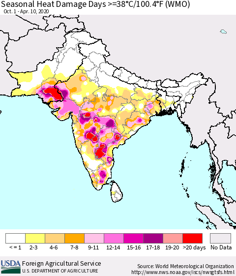 Southern Asia Seasonal Heat Damage Days >=38°C/100.4°F (WMO) Thematic Map For 10/1/2019 - 4/10/2020