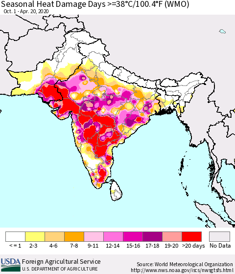 Southern Asia Seasonal Heat Damage Days >=38°C/100.4°F (WMO) Thematic Map For 10/1/2019 - 4/20/2020