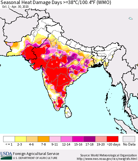 Southern Asia Seasonal Heat Damage Days >=38°C/100.4°F (WMO) Thematic Map For 10/1/2019 - 4/30/2020