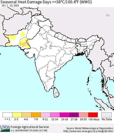 Southern Asia Seasonal Heat Damage Days >=38°C/100°F (WMO) Thematic Map For 10/1/2019 - 10/10/2019