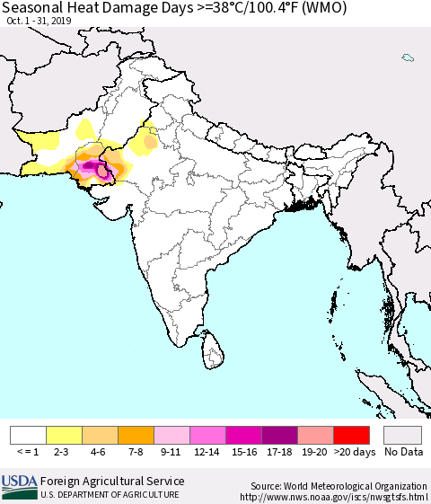 Southern Asia Seasonal Heat Damage Days >=38°C/100.4°F (WMO) Thematic Map For 10/1/2019 - 10/31/2019