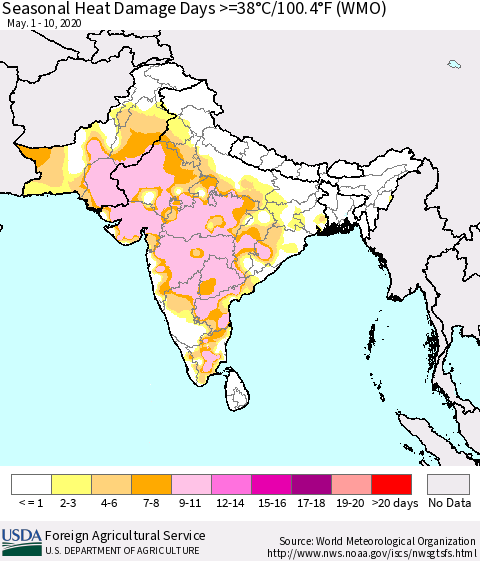 Southern Asia Seasonal Heat Damage Days >=38°C/100°F (WMO) Thematic Map For 5/1/2020 - 5/10/2020