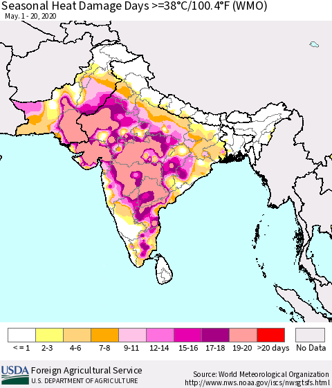 Southern Asia Seasonal Heat Damage Days >=38°C/100°F (WMO) Thematic Map For 5/1/2020 - 5/20/2020