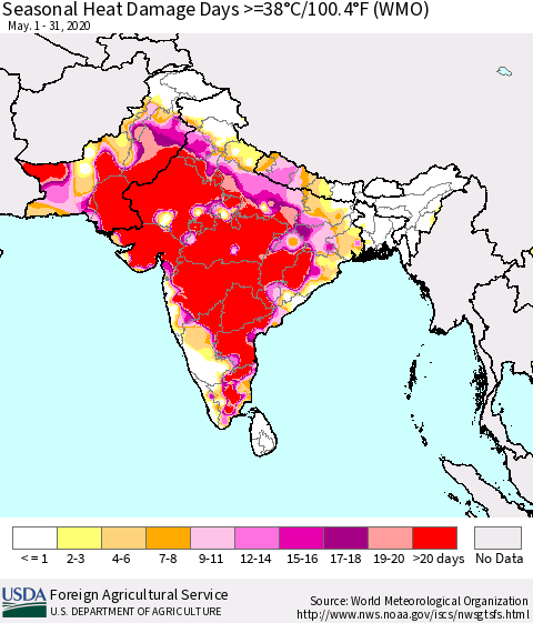 Southern Asia Seasonal Heat Damage Days >=38°C/100°F (WMO) Thematic Map For 5/1/2020 - 5/31/2020