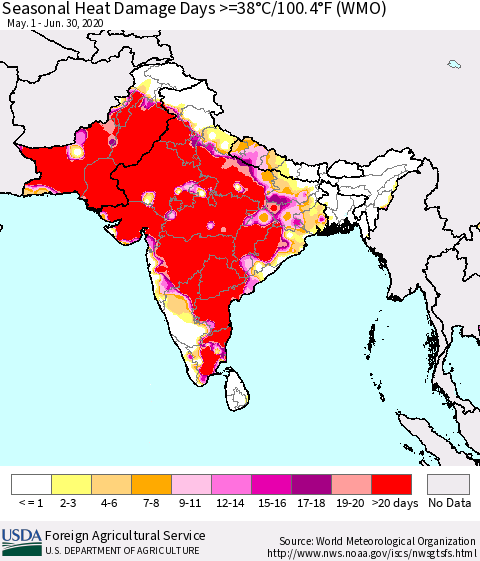 Southern Asia Seasonal Heat Damage Days >=38°C/100°F (WMO) Thematic Map For 5/1/2020 - 6/30/2020