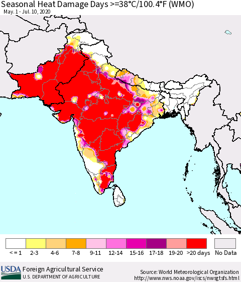 Southern Asia Seasonal Heat Damage Days >=38°C/100°F (WMO) Thematic Map For 5/1/2020 - 7/10/2020