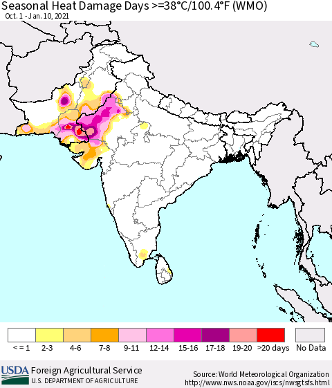 Southern Asia Seasonal Heat Damage Days >=38°C/100°F (WMO) Thematic Map For 10/1/2020 - 1/10/2021