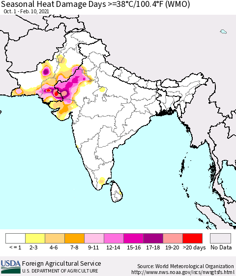 Southern Asia Seasonal Heat Damage Days >=38°C/100°F (WMO) Thematic Map For 10/1/2020 - 2/10/2021
