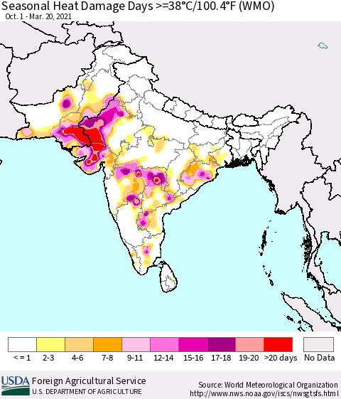 Southern Asia Seasonal Heat Damage Days >=38°C/100°F (WMO) Thematic Map For 10/1/2020 - 3/20/2021
