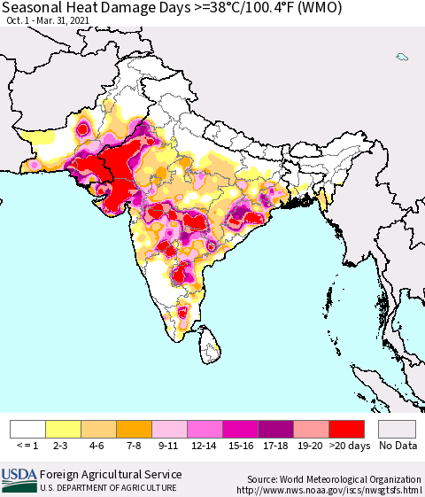 Southern Asia Seasonal Heat Damage Days >=38°C/100.4°F (WMO) Thematic Map For 10/1/2020 - 3/31/2021
