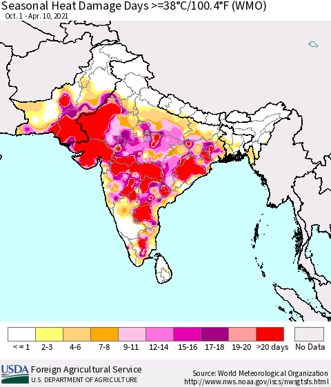 Southern Asia Seasonal Heat Damage Days >=38°C/100.4°F (WMO) Thematic Map For 10/1/2020 - 4/10/2021