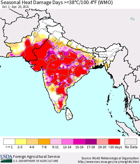 Southern Asia Seasonal Heat Damage Days >=38°C/100°F (WMO) Thematic Map For 10/1/2020 - 4/20/2021