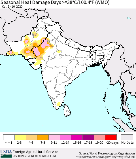 Southern Asia Seasonal Heat Damage Days >=38°C/100°F (WMO) Thematic Map For 10/1/2020 - 10/10/2020