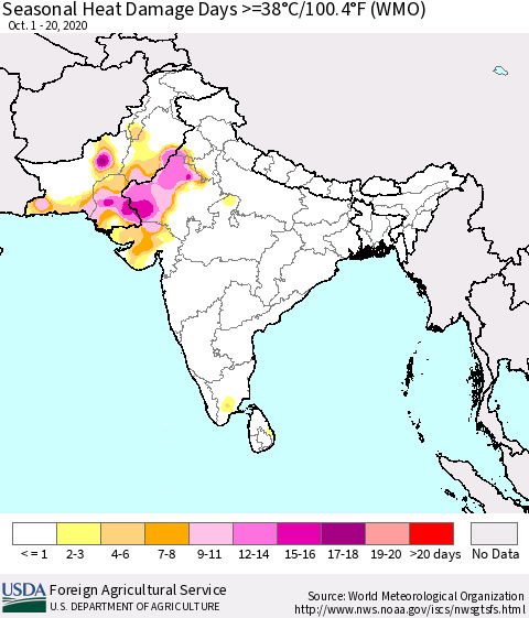 Southern Asia Seasonal Heat Damage Days >=38°C/100°F (WMO) Thematic Map For 10/1/2020 - 10/20/2020
