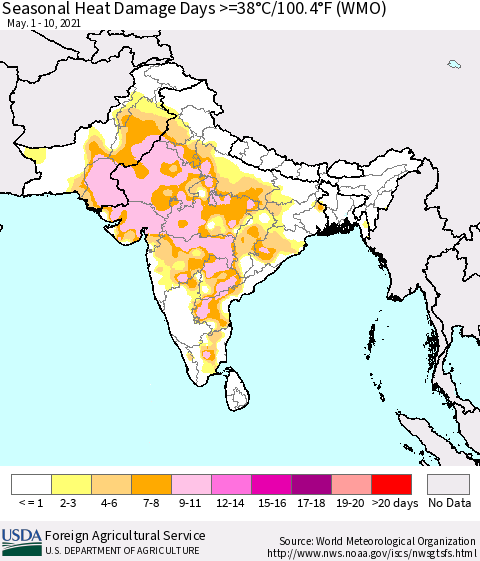 Southern Asia Seasonal Heat Damage Days >=38°C/100°F (WMO) Thematic Map For 5/1/2021 - 5/10/2021