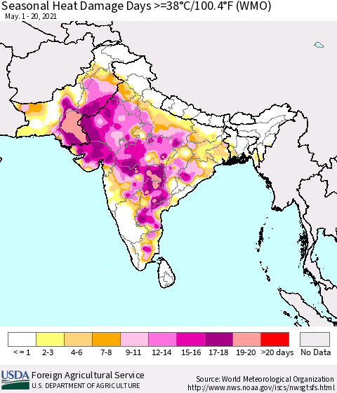 Southern Asia Seasonal Heat Damage Days >=38°C/100°F (WMO) Thematic Map For 5/1/2021 - 5/20/2021