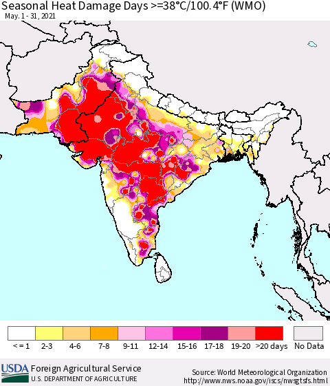 Southern Asia Seasonal Heat Damage Days >=38°C/100°F (WMO) Thematic Map For 5/1/2021 - 5/31/2021