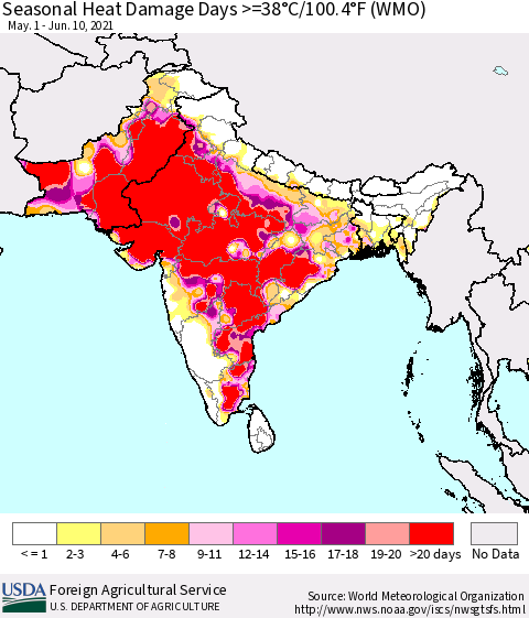 Southern Asia Seasonal Heat Damage Days >=38°C/100°F (WMO) Thematic Map For 5/1/2021 - 6/10/2021