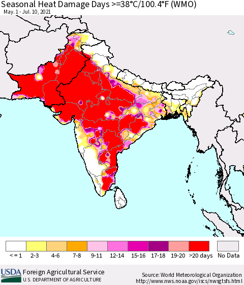 Southern Asia Seasonal Heat Damage Days >=38°C/100°F (WMO) Thematic Map For 5/1/2021 - 7/10/2021
