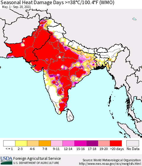 Southern Asia Seasonal Heat Damage Days >=38°C/100°F (WMO) Thematic Map For 5/1/2021 - 9/20/2021