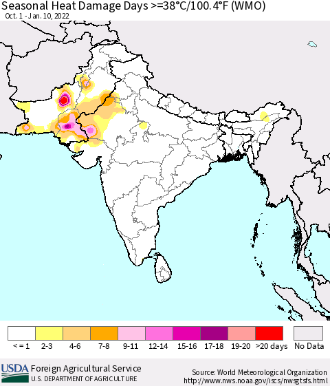 Southern Asia Seasonal Heat Damage Days >=38°C/100°F (WMO) Thematic Map For 10/1/2021 - 1/10/2022