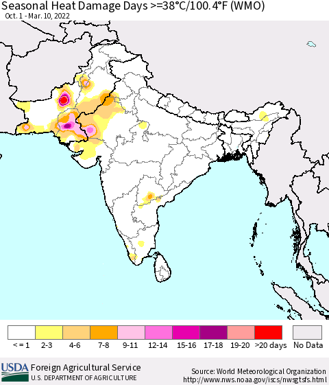 Southern Asia Seasonal Heat Damage Days >=38°C/100°F (WMO) Thematic Map For 10/1/2021 - 3/10/2022