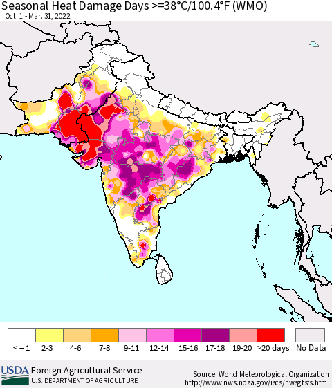 Southern Asia Seasonal Heat Damage Days >=38°C/100°F (WMO) Thematic Map For 10/1/2021 - 3/31/2022