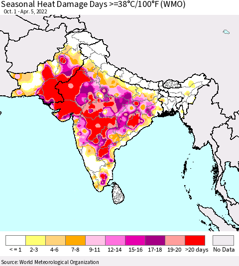Southern Asia Seasonal Heat Damage Days >=38°C/100°F (WMO) Thematic Map For 10/1/2021 - 4/5/2022